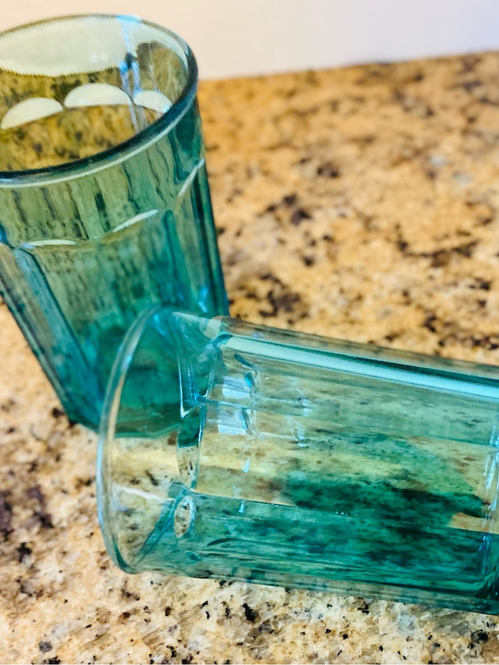 Large Luminare Teal Glass Tumblers Set Of 2 Made In France Ribbed Finish - NICE - Picture 9 of 9